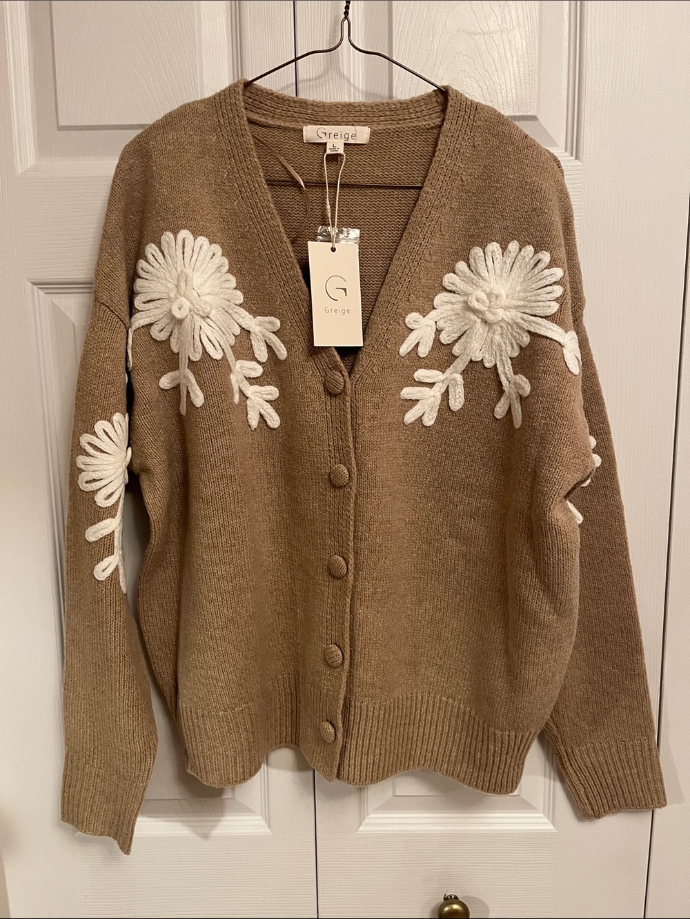 Tan Floral-Appliqué Knit Cardigan